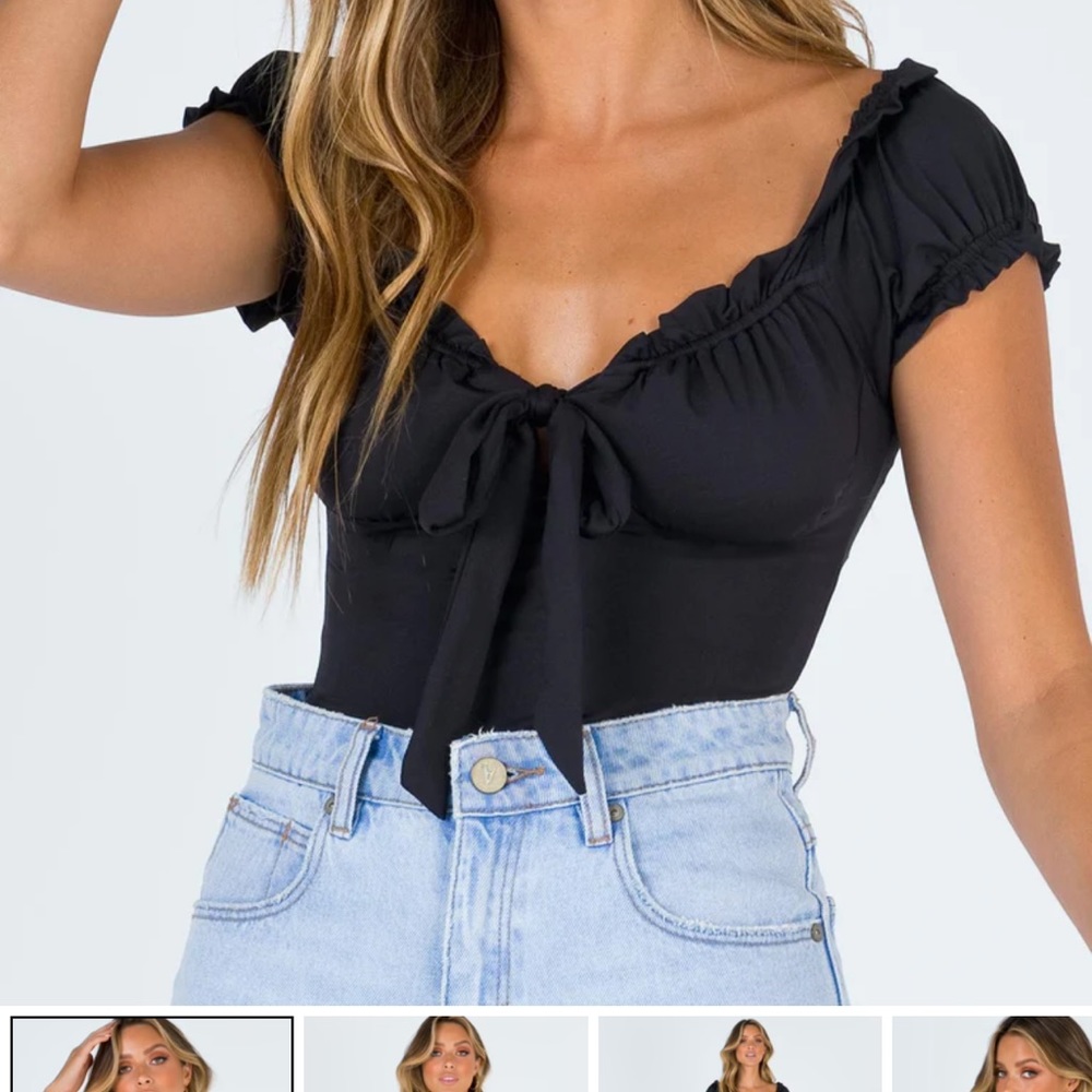 Princess Polly Black Tie-Front Puff Sleeve Bodysuit